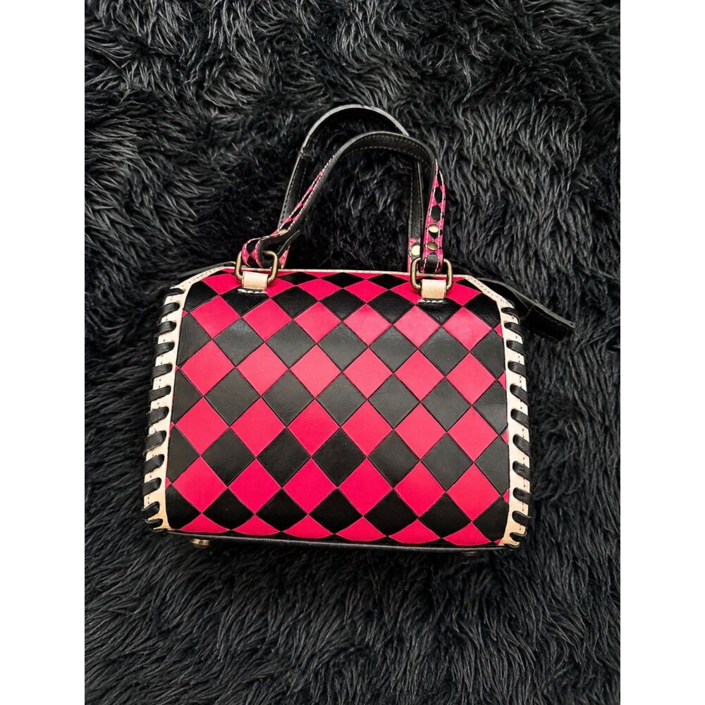 Custom Pink Black Harlequin Checkered Leather Mini Speedy Purse Crossbody